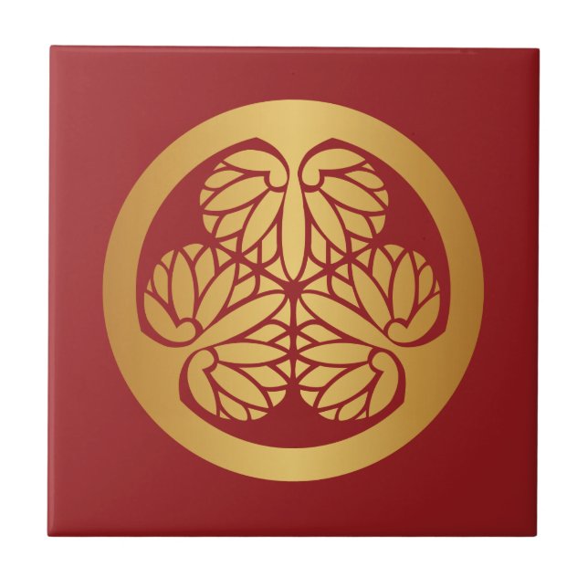 Tokugawa Aoi Japanese Mon Family Crest Gold on Red Ceramic Tile (Front)