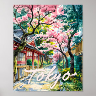 Tokyo Cherry Blossom Watercolor Traditional Japan  Poster
