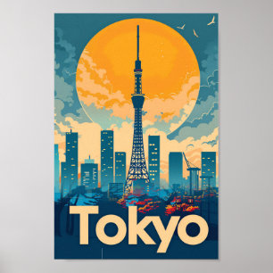 Tokyo City Japan Vintage Retro Travel Illustration Poster