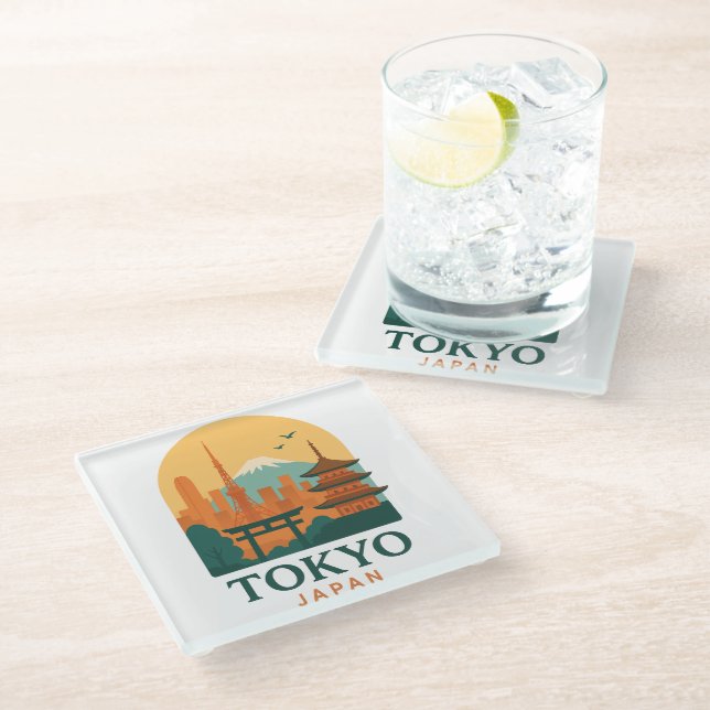 Tokyo Japan Minimalist Travel Souvenir Modern Glass Coaster (Angled)