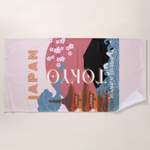 Tokyo Japan Travel Art, Retro Travel Art Beach Towel