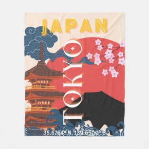 Tokyo Japan Travel Art, Retro Travel Art Fleece Blanket