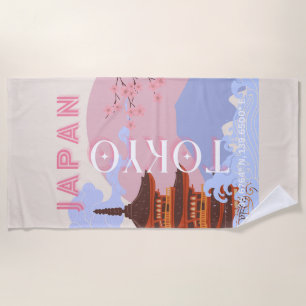 Tokyo Japan Travel Art, Retro Travel Art, Pink Beach Towel