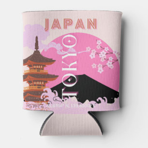 Tokyo Japan Travel Art, Retro Travel Art, Pink Can Cooler