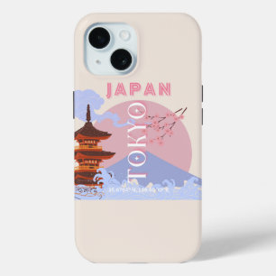 Tokyo Japan Travel Art, Retro Travel Art, Pink iPhone 15 Case