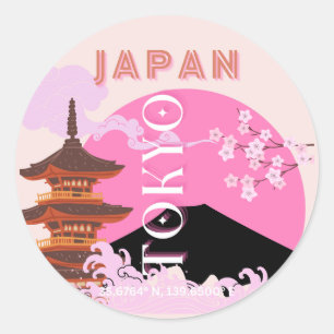 Tokyo Japan Travel Art, Retro Travel Art, Pink Classic Round Sticker