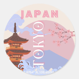 Tokyo Japan Travel Art, Retro Travel Art, Pink Classic Round Sticker