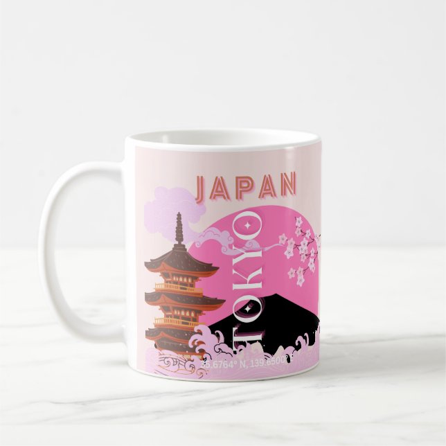 Tokyo Japan Travel Art, Retro Travel Art, Pink Coffee Mug (Left)