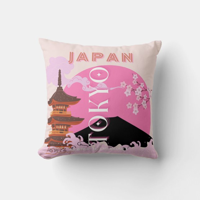 Tokyo Japan Travel Art, Retro Travel Art, Pink Cushion (Front)