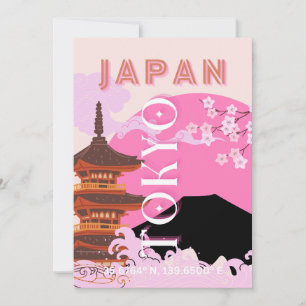 Tokyo Japan Travel Art, Retro Travel Art, Pink Holiday Card