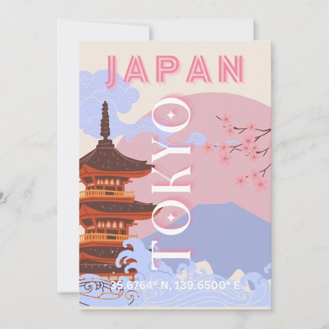 Tokyo Japan Travel Art, Retro Travel Art, Pink Holiday Card (Front)