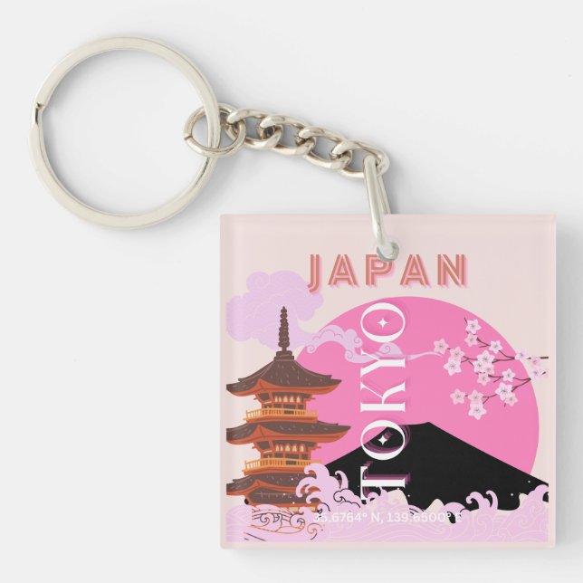 Tokyo Japan Travel Art, Retro Travel Art, Pink Key Ring (Front)