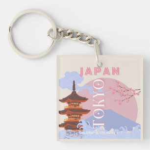 Tokyo Japan Travel Art, Retro Travel Art, Pink Key Ring