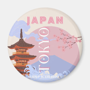 Tokyo Japan Travel Art, Retro Travel Art, Pink Magnet