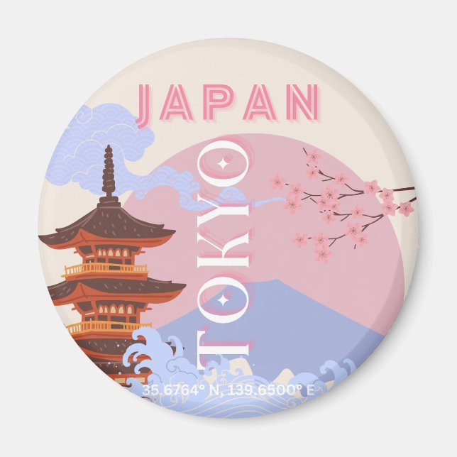 Tokyo Japan Travel Art, Retro Travel Art, Pink Magnet (Front)