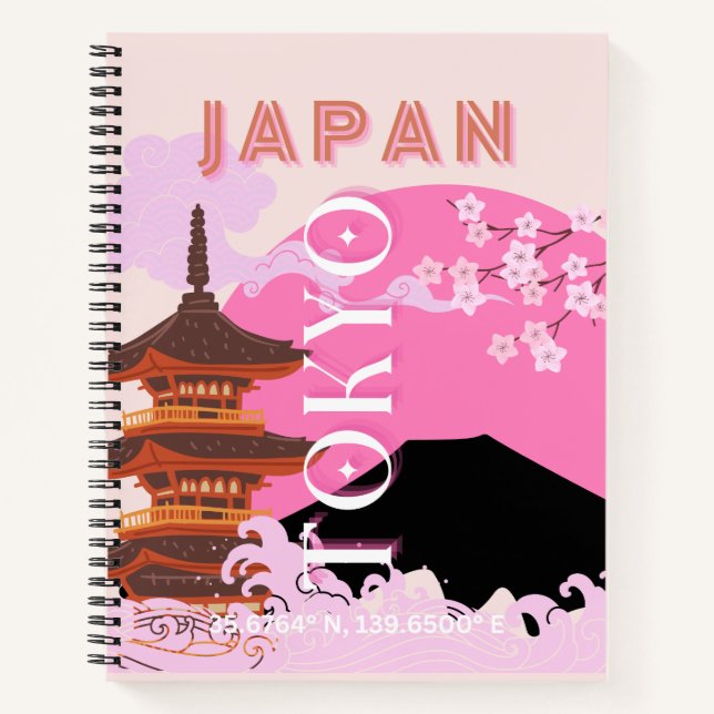 Tokyo Japan Travel Art, Retro Travel Art, Pink Notebook (Front)