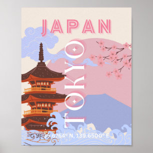 Tokyo Japan Travel Art, Retro Travel Art, Pink Poster