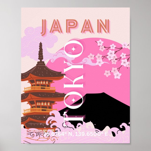 Tokyo Japan Travel Art, Retro Travel Art, Pink Poster (Front)