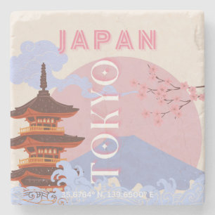 Tokyo Japan Travel Art, Retro Travel Art, Pink Stone Coaster
