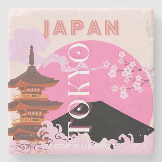 Tokyo Japan Travel Art, Retro Travel Art, Pink Stone Coaster (Front)