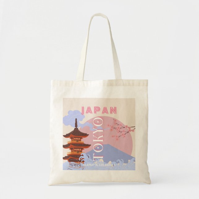 Tokyo Japan Travel Art, Retro Travel Art, Pink Tote Bag (Front)