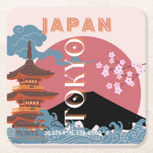 Tokyo Japan Travel Art, Retro Travel Art Square Paper Coaster