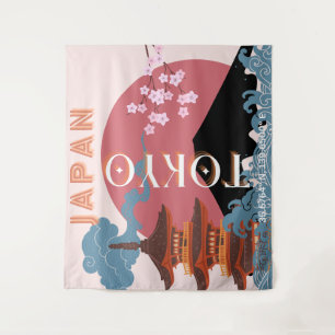 Tokyo Japan Travel Art, Retro Travel Art Tapestry
