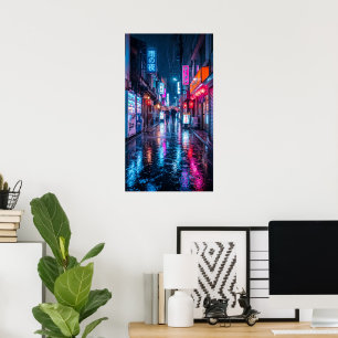 Tokyo Japan Travel Poster - Neon Night Rain