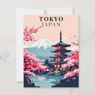 Tokyo Japan Vintage Cherry Blossom Pagoda Travel Postcard