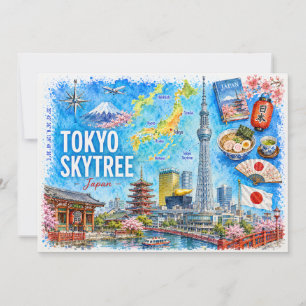Tokyo Skytree Japan Watercolor Travel Postcard