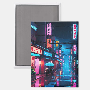 Tokyo Street At Night LoFi Art Magnet