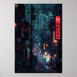 Tokyo-Style Cyberpunk Futuristic City at Night Pos Poster