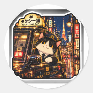 Tokyo Taxi Cat Sticker Japanese City Night Art