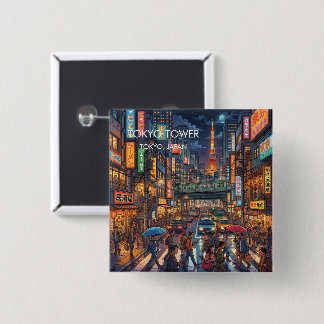 Tokyo Tower by Night Travel Art 15 Cm Square Badge