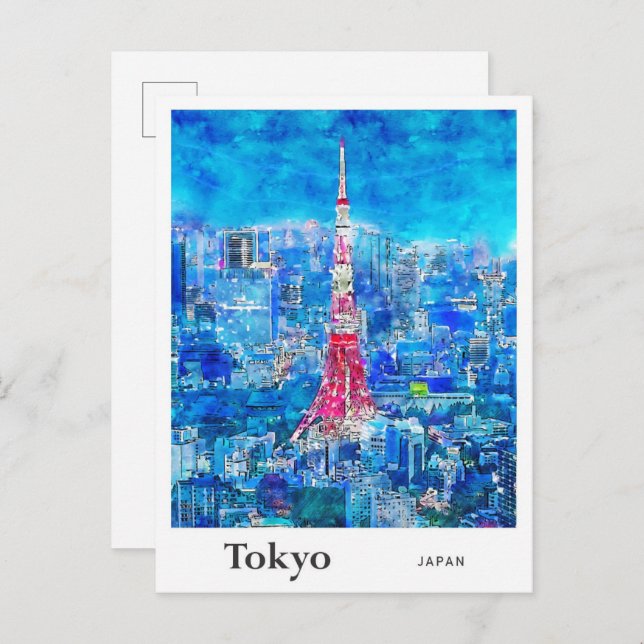 Tokyo Tower Japan Travel Watercolor Hand Drawn Postcard (Front/Back)