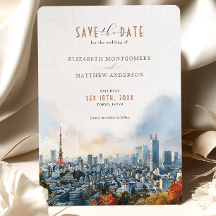 Tokyo Watercolor Skyline Save-the-Date Invitation