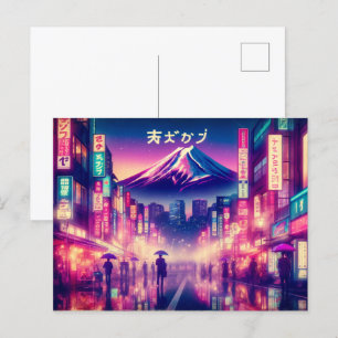Tokyo with neon lights and Mount Fuji. postcards