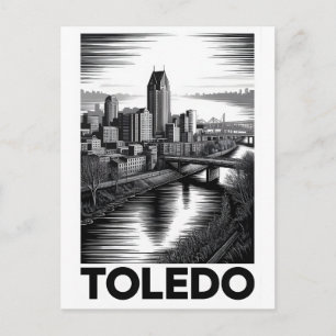Toledo Ohio Skyline Black White Woodcut Postcard