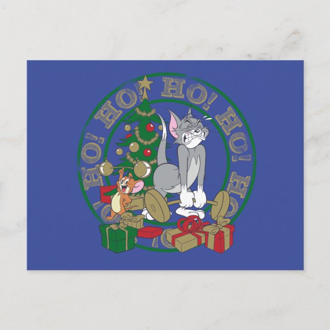 Tom and Jerry Opening Presents Holiday Postcard (Front)