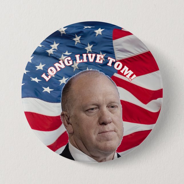 Tom Homan Button with flag waving behind (Front)