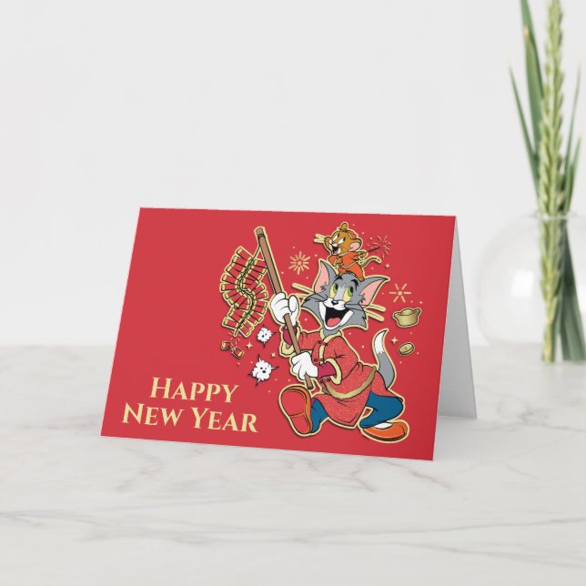 Tom & Jerry Lighting Firecrackers Holiday Card (Front)