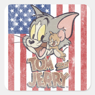 Tom & Jerry With US Flag Square Sticker