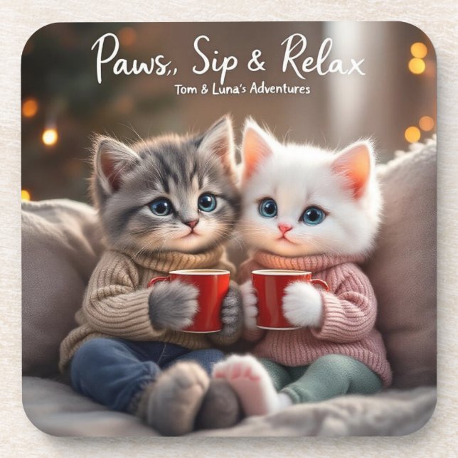 Tom & Luna’s Adventures™ – “Paws, Sip & Relax” Coa Coaster (Front)