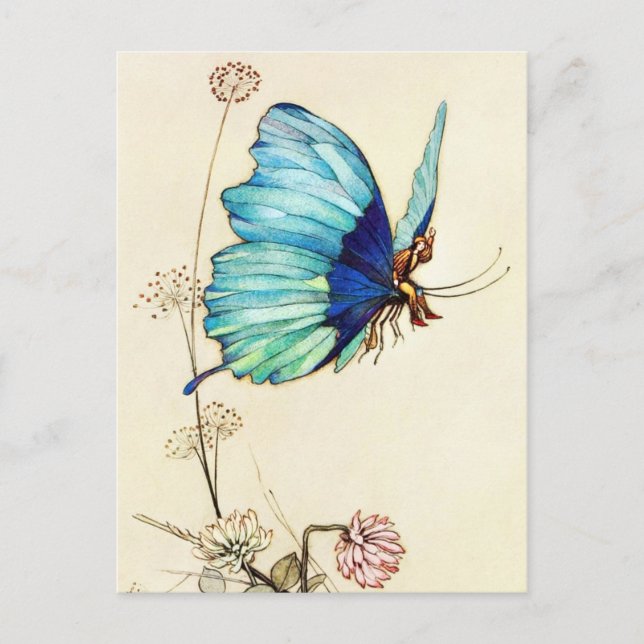 Tom Thumb Hitches a Ride on a Blue Butterfly Postcard (Front)