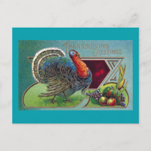 Tom Turkey, Grapes and Corn Vintage Thanksgiving Holiday Postcard