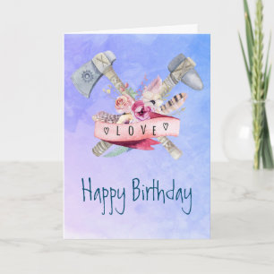Tomahawk Feathers and Flowers Happy Birthday Card