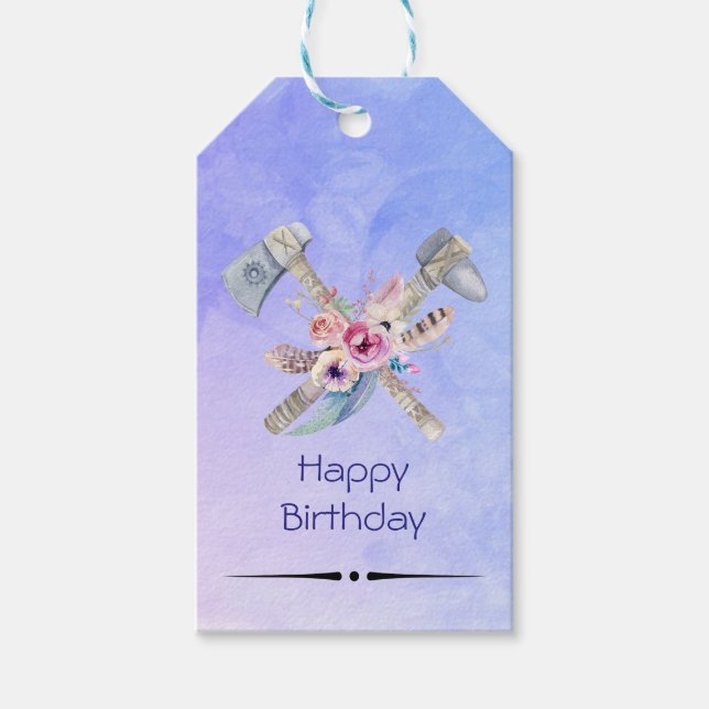 Tomahawk Feathers and Flowers Happy Birthday Gift Tags (Front)