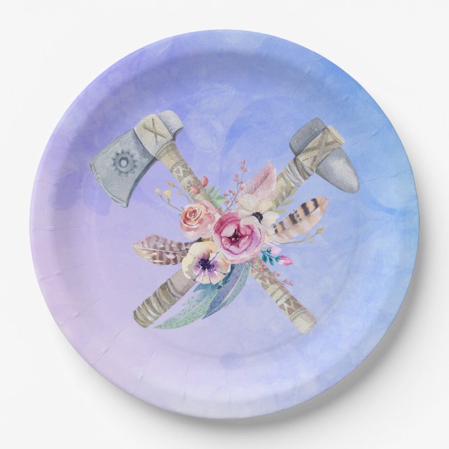 Tomahawk Feathers and Flowers Watercolor Design Paper Plate (Front)