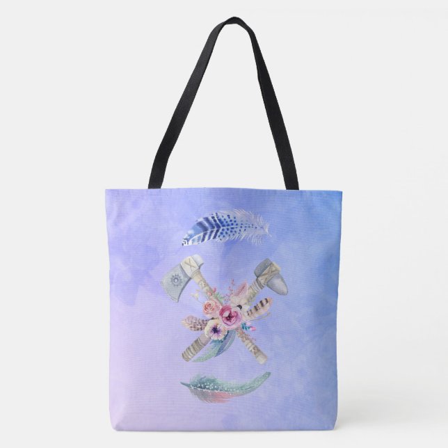 Tomahawk Feathers and Flowers Watercolor Design Tote Bag (Front)