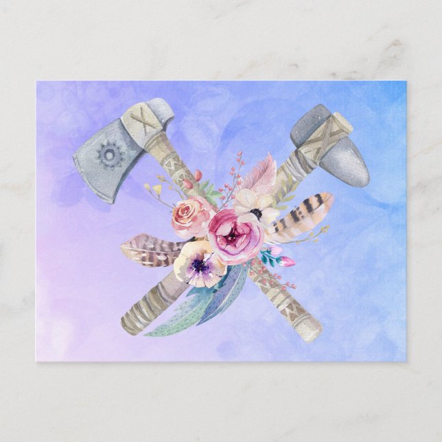 Tomahawk Hammer and Flowers Watercolor Design Postcard (Front)
